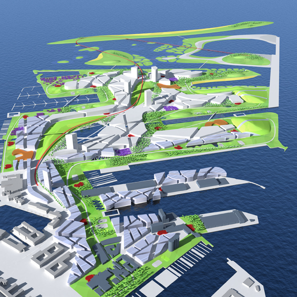 Konkurransen dreide seg om en omfattende transformasjon av store deler av den danske hovedstadens havneområde med 40 000 boliger, 40 000 arbeidsplasser og opptil 4 millioner kvadratmeter bygningsmasse. Illustrasjon: Arkitekten