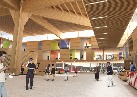 Sentralrommet. Med Tynsets klima anser juryen det som en fordel å ha gode innendørs oppholdsarealer. Perspektiv: Longva Arkitekter AS