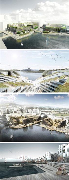 Fire arkitektforslag for Bispevika i Oslo. Fra toppen: Dyrvik arkitekter, Helen & Hard, Pushak og Tegnestuen Vandkunsten. Fire arkitektforslag for Bispevika i Oslo. Fra toppen: Dyrvik arkitekter, Helen & Hard, Pushak og Tegnestuen Vandkunsten.