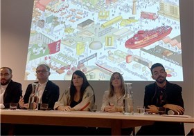 Kuratorteamet fra pressekonferansen i dag. Fra venstre: Lluis Alexandre Casanovas, Carlos Mínguez Carrasco, Alejandra Navarrete Llopis, Marina Otero Verzier og Ignacio González Galán. Foto: Arkitektnytt Kuratorteamet fra pressekonferansen i dag. Fra venstre: Lluis Alexandre Casanovas, Carlos Mínguez Carrasco, Alejandra Navarrete Llopis, Marina Otero Verzier og Ignacio González Galán. Foto: Arkitektnytt