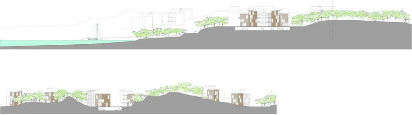 Vinnerutkastet TUN-hill roses for spennende bebyggelse og vellykket utnyttelse av tomtens kvaliteter. Situasjonsplan og -snitt. Alle illustrasjoner: Arkitekten. Vinnerutkastet TUN-hill roses for spennende bebyggelse og vellykket utnyttelse av tomtens kvaliteter. Situasjonsplan og -snitt. Alle illustrasjoner: Arkitekten.