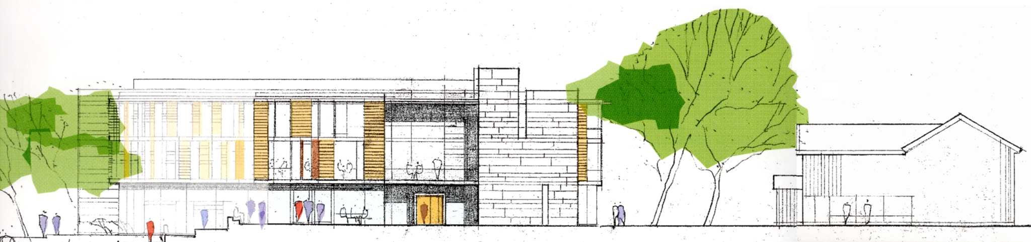 Juryen var meget godt fornøyd med plasseringen av rådhuset i L2 Arkitekters utkast, men ønsket mer stedstilpassing. I bearbeidet versjon er rådhuset blitt lavere, blant annet etter senking av golv i biblioteket mot elva, og har fått trematerialer i fasadene, slik det framgår av fasadeopprisset fra sør. Modell: Oslo Modellverksted.