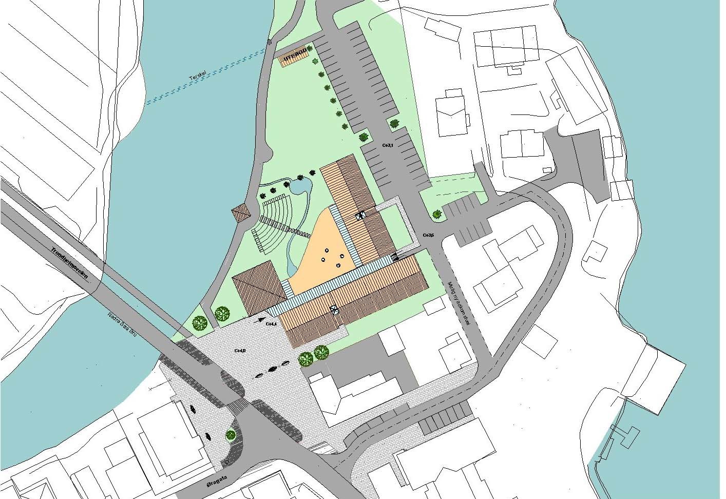 Sørli arkitekter foreslo et anlegg i tunform, som åpner seg mot elva, hvor kommunestyresalen ligger som et markert bygg for seg nærmest elvebredden.