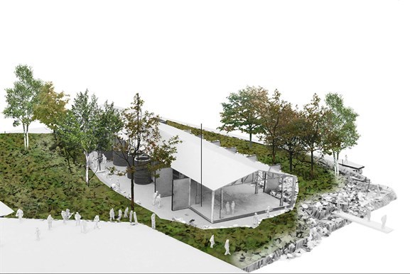 Et tidligere havneskur gjenbrukes til kulturformål og plasseres i et uformelt landskap som en kontrast til de urbane omgivelsene.
Illustrasjon ved arkitekten. Et tidligere havneskur gjenbrukes til kulturformål og plasseres i et uformelt landskap som en kontrast til de urbane omgivelsene.
Illustrasjon ved arkitekten.