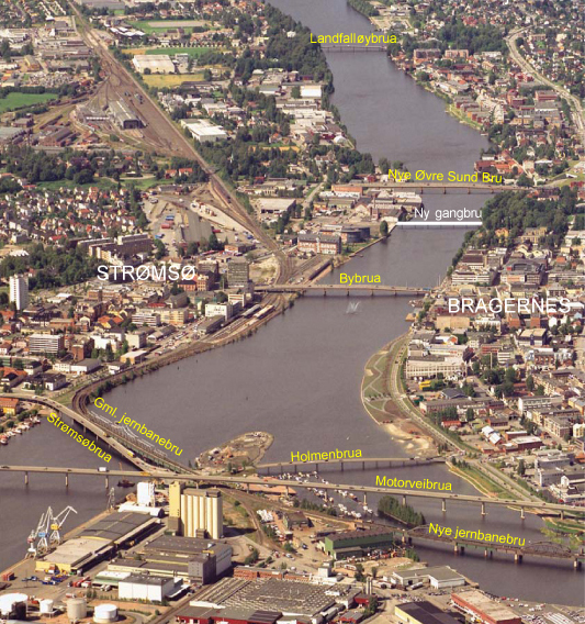Plassering av ny gangbru mellom Grønland og Gamle kirkeplass. (Fra konkurranseprogrammet.)